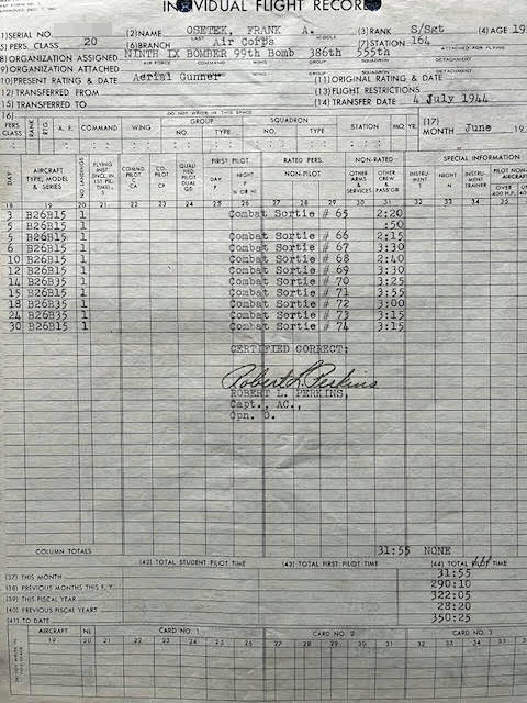 Frank A. Osetek records and mission list, 386 Bomb Group, 555 Bomb Squadron