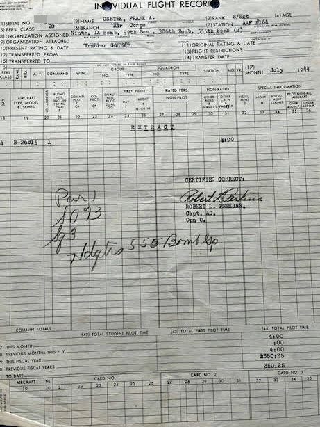 Frank A. Osetek records and mission list, 386 Bomb Group, 555 Bomb Squadron