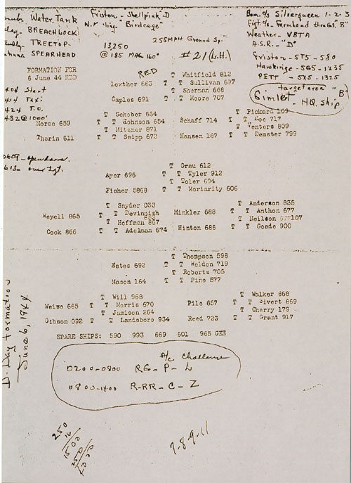 This is our D-Day (June 6, '44) formation against coastal defenses in the invasion area. Then Major Joe Whitfield, the 557th Squadron Commander, was Group Leader; then Major Glen Grau, the 556th Squadron Commander, was the 2nd Box Leader, and then Capt. Bernard Thompson, 559th Squadron, a frequent Box Leader was the 3rd Box Leader.